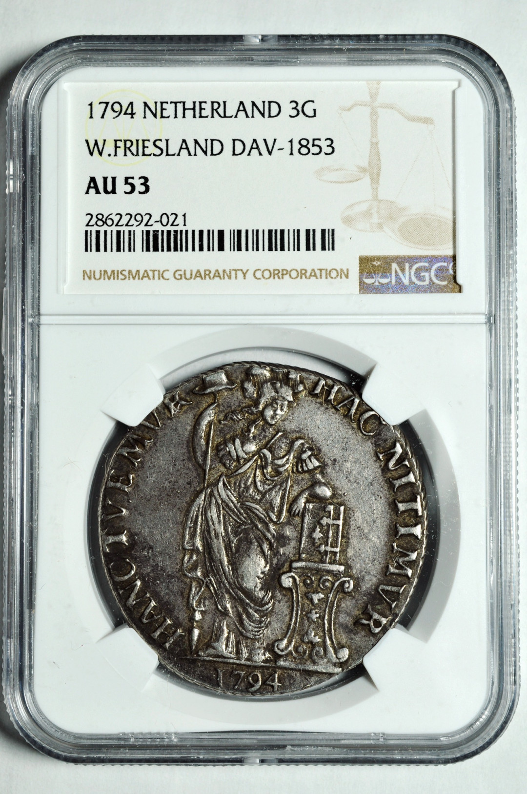 《竞宝斋》钱币微拍-第2场（0佣金包邮） NGC AU53荷兰1794年3盾女站人 银币