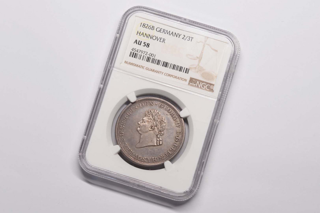 凡希社世界钱币微拍第一百六十八期 荐！1826德国汉诺威2/3泰勒NGC-AU58包浆迷人！