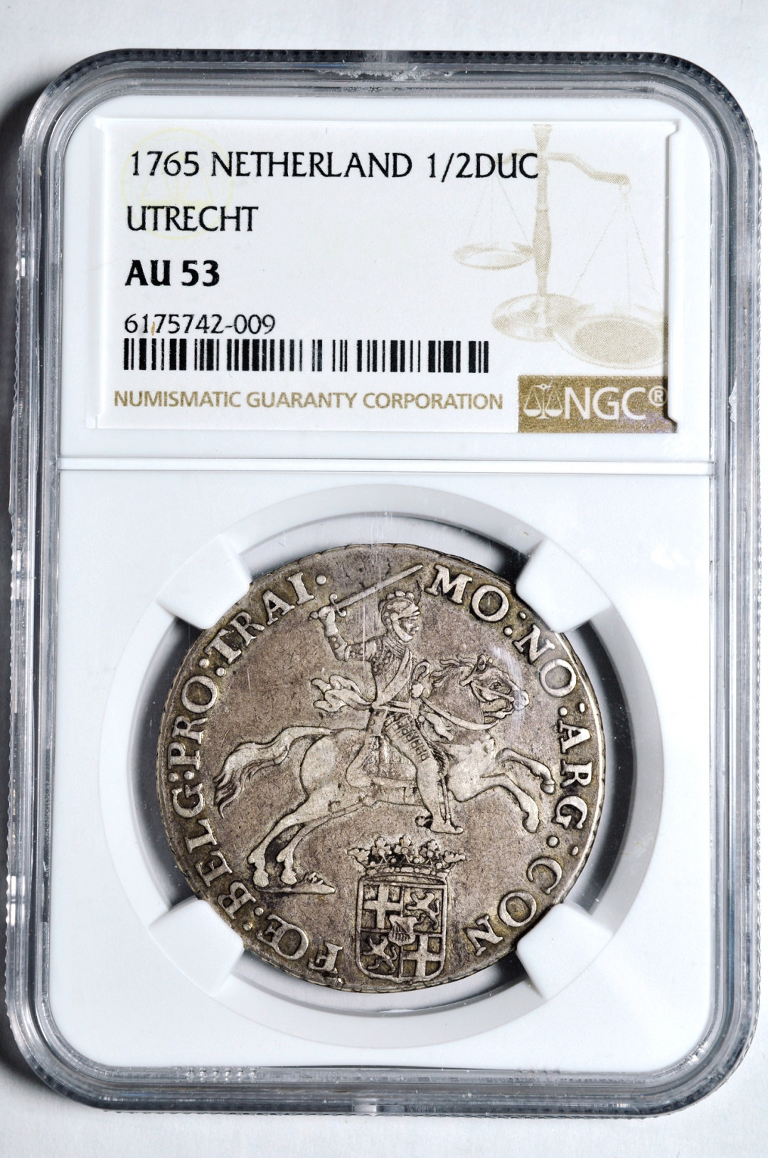 《竞宝斋》钱币微拍-第2场（0佣金包邮） NGC AU53荷兰1765年1/2杜卡特 银币