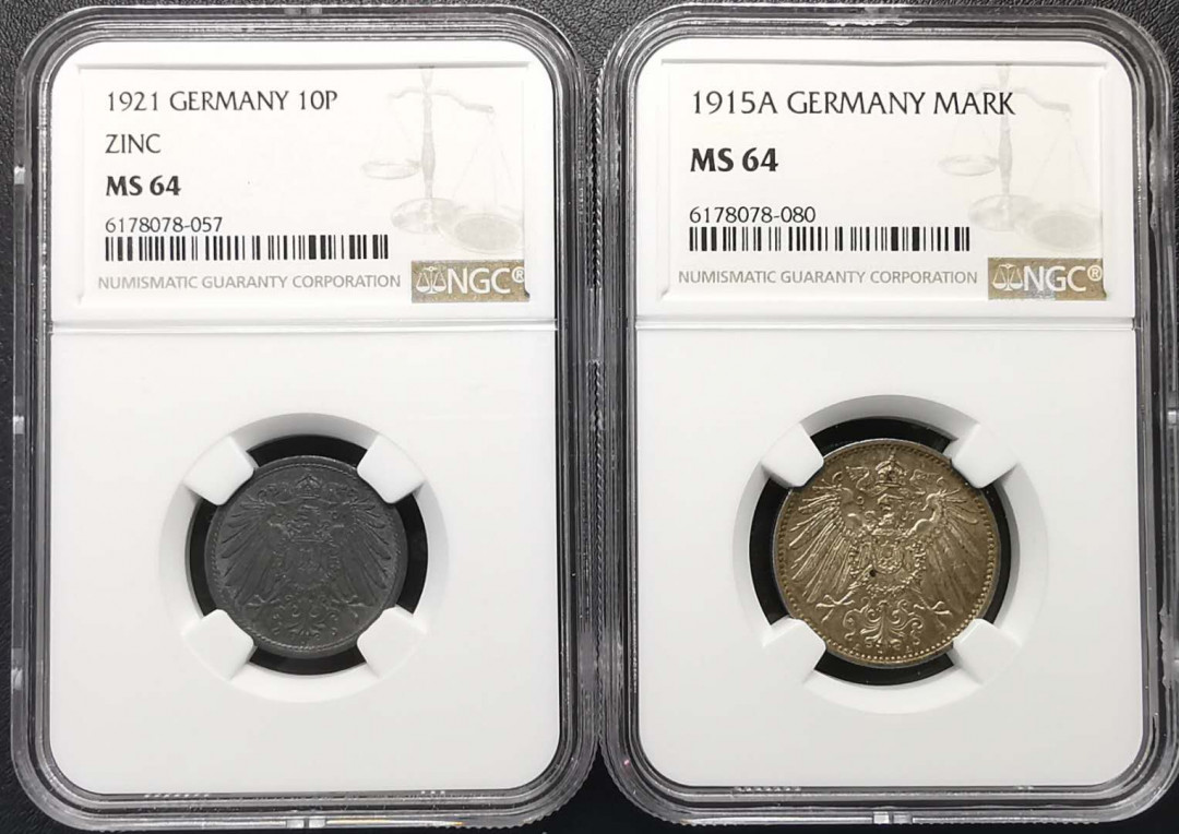 凡希社世界钱币微拍第一百六十八期 第二帝国芬尼马克一对NGC-MS64