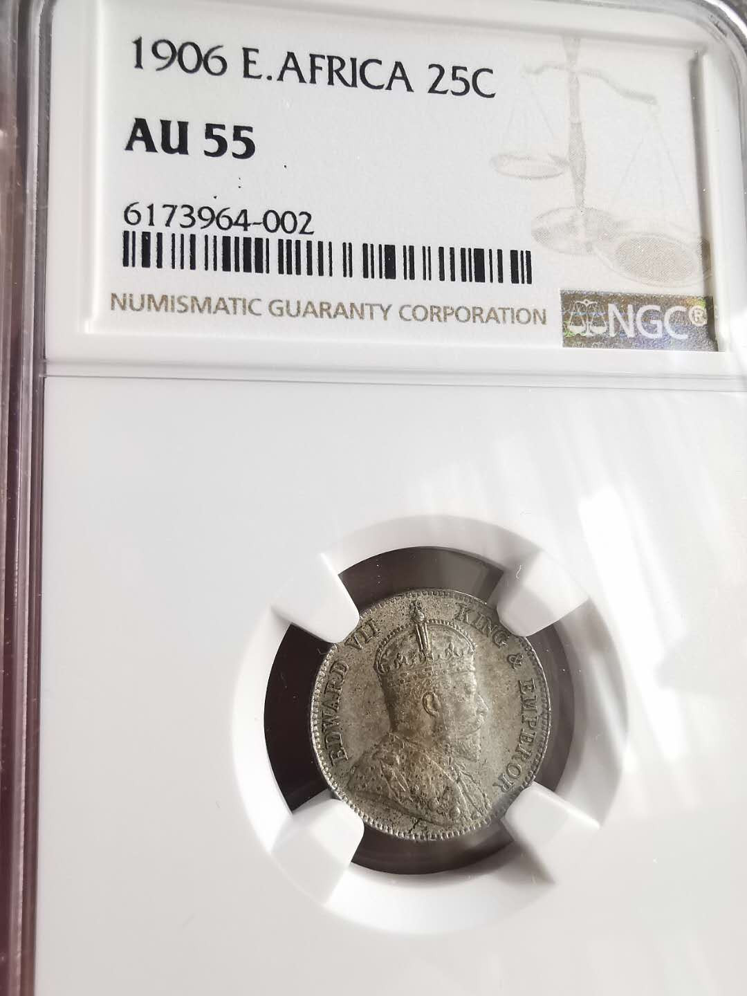 凡希社世界钱币微拍第一百六十八期 1906英属东非25分NGC-AU55原味低评