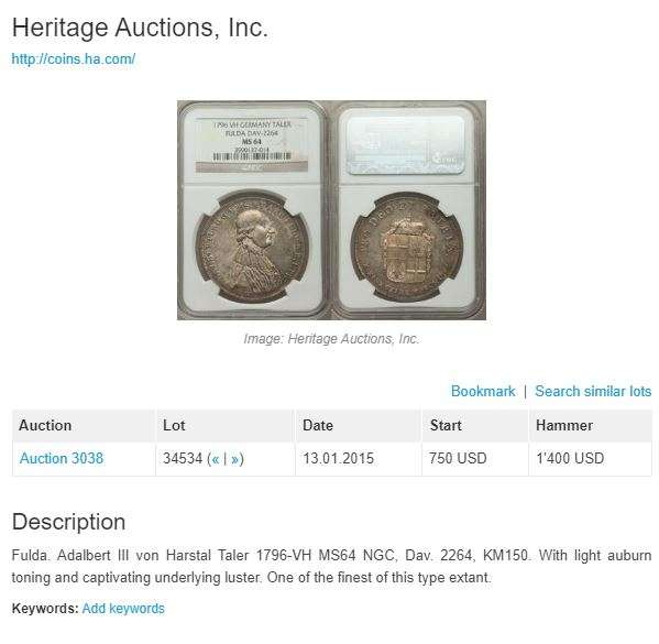 凡希社世界钱币微拍第一百六十八期 稀！1796VH德国富尔达主教区泰勒大银PCGS-MS63欧陆经典包浆！