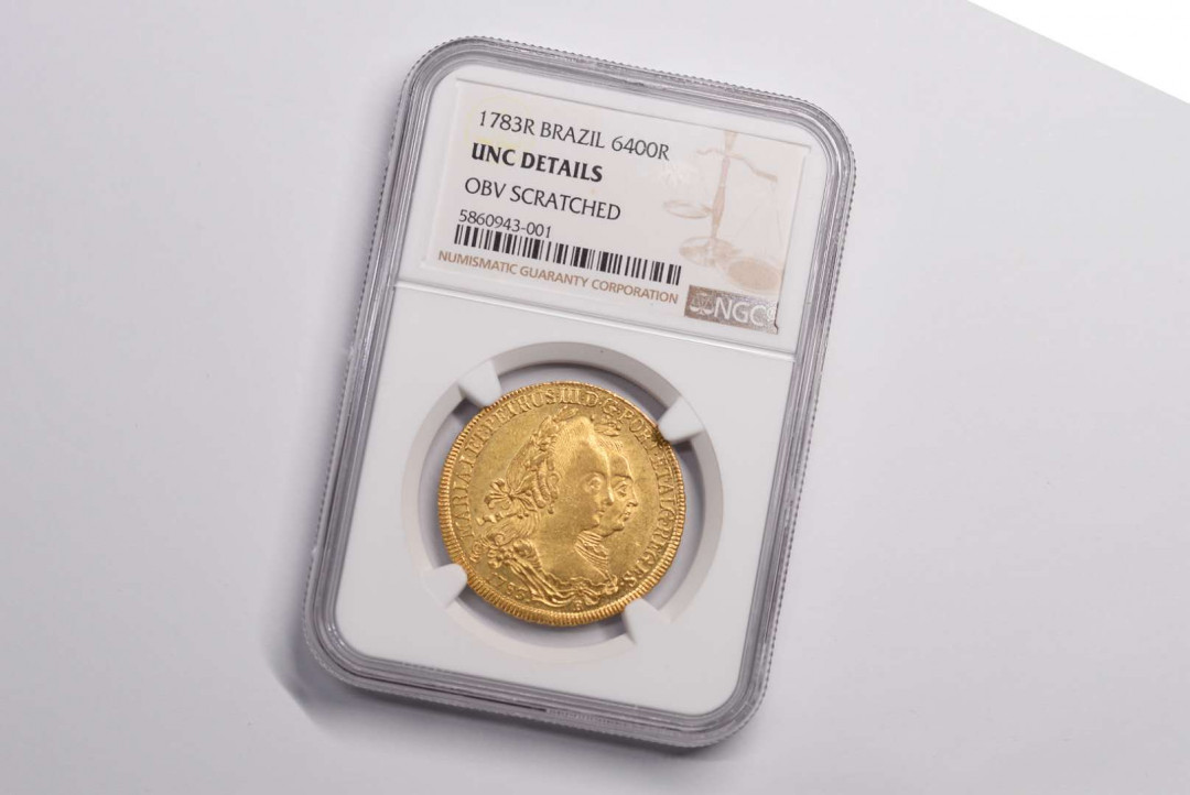 凡希社世界钱币微拍第一百六十八期 稀！1783R葡属巴西玛丽与佩德罗6400里斯金NGC-UNCD实物极好！