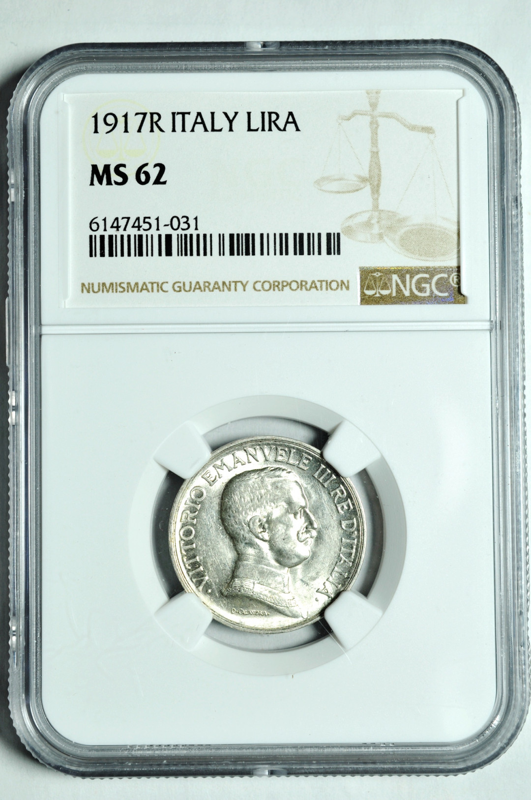 《竞宝斋》钱币微拍-第2场（0佣金包邮） NGC MS62意大利1917年1里拉 银币