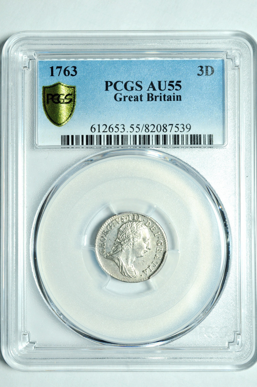 《竞宝斋》钱币微拍-第2场（0佣金包邮） 稀少 PCGS AU55 1763年 乔治三世 3便士 银币