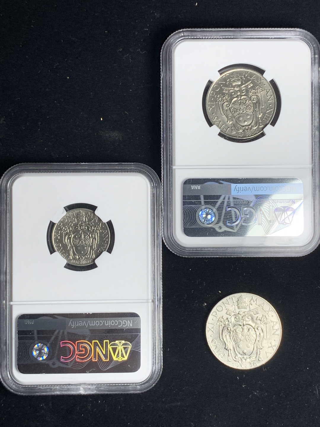 《竞宝斋》钱币微拍-第2场（0佣金包邮） 梵蒂冈 3枚一套 MS62 1934庇护十一世20C圣年 /MS62 1里拉 /1936年2里拉