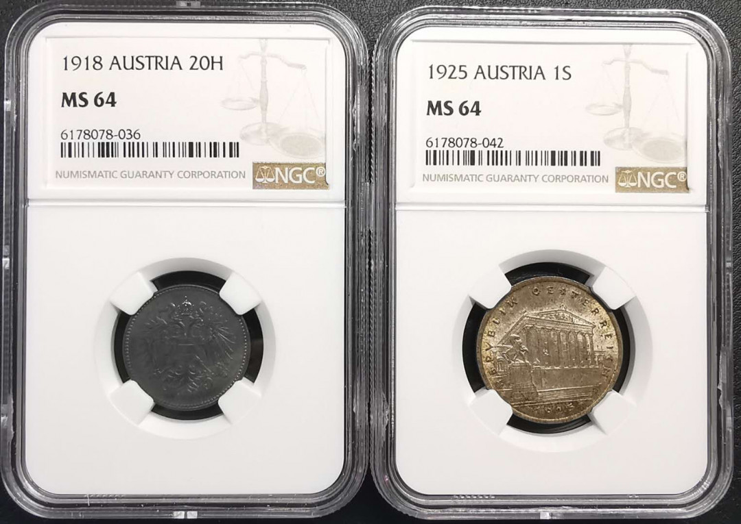 凡希社世界钱币微拍第一百六十八期 奥地利一战后heller先令一对NGC-MS64