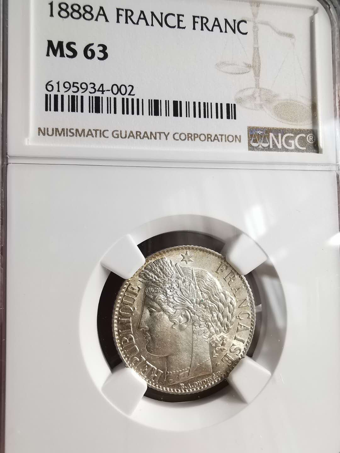 凡希社世界钱币微拍第一百六十八期 1888A法国谷物女神版法郎NGC-MS63