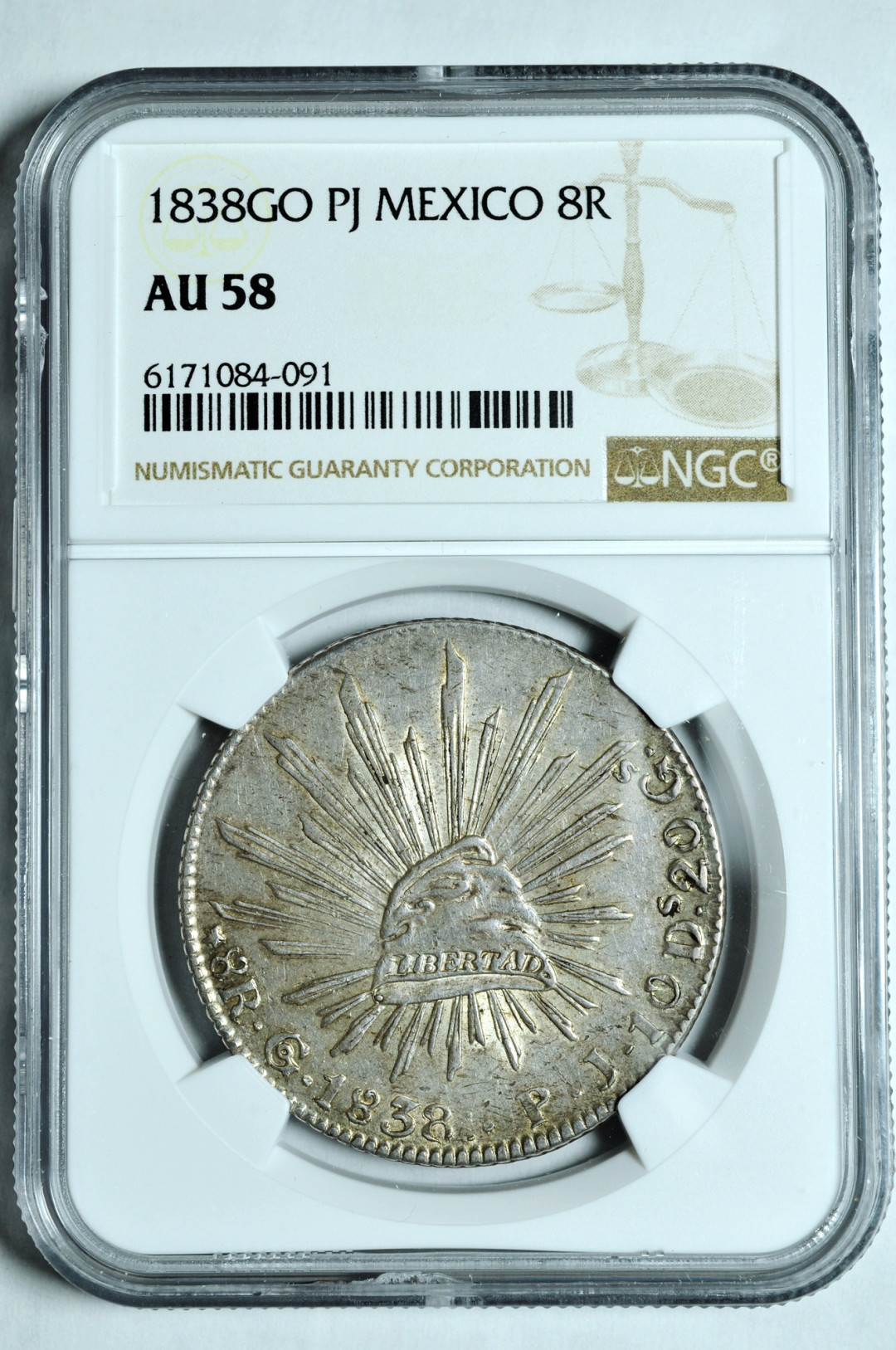 《竞宝斋》钱币微拍-第2场（0佣金包邮） NGC AU58墨西哥1838年鹰洋8R 银币