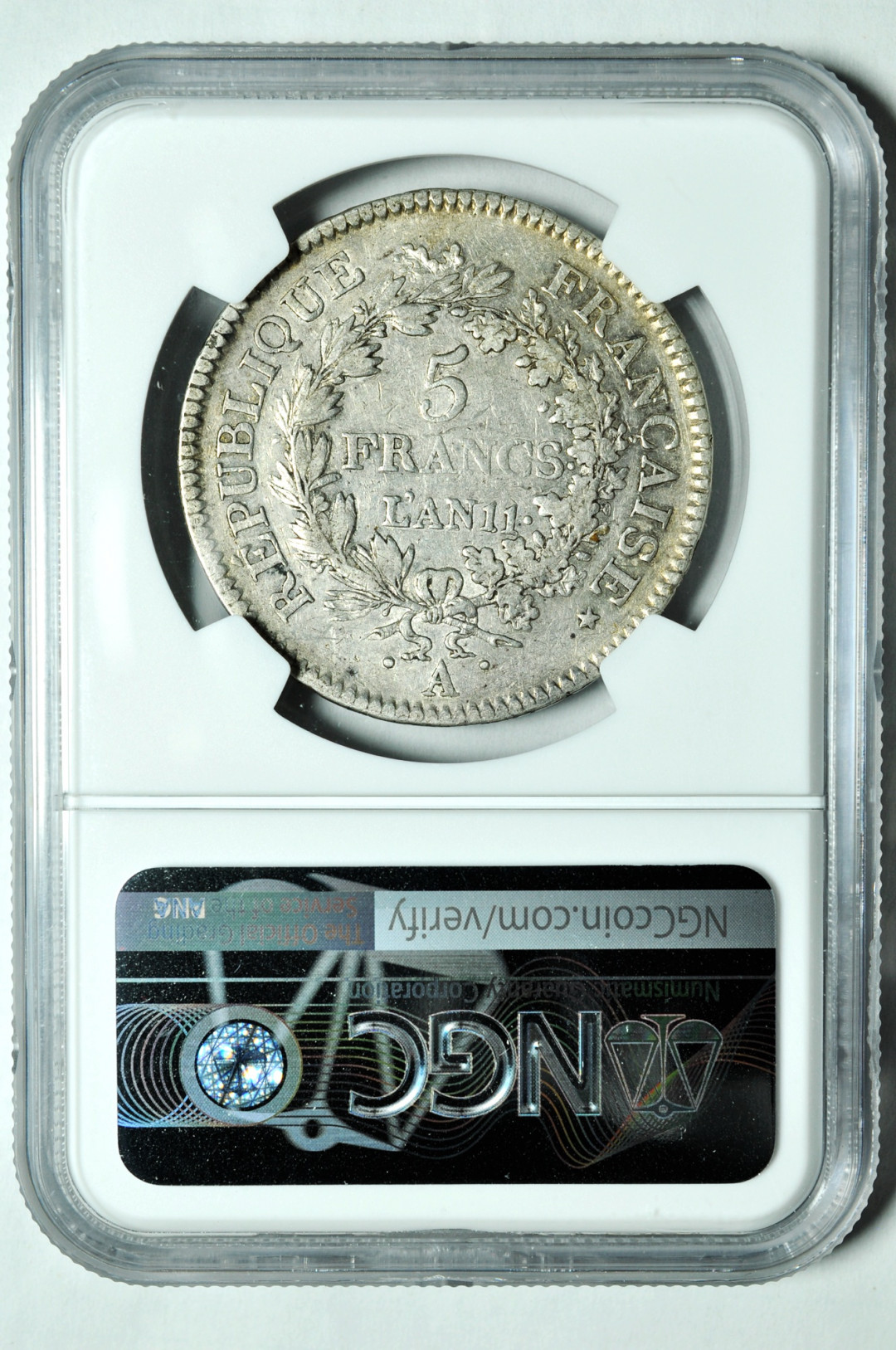 《竞宝斋》钱币微拍-第2场（0佣金包邮） NGC VF25法国LAN11年大力神5法郎  银币