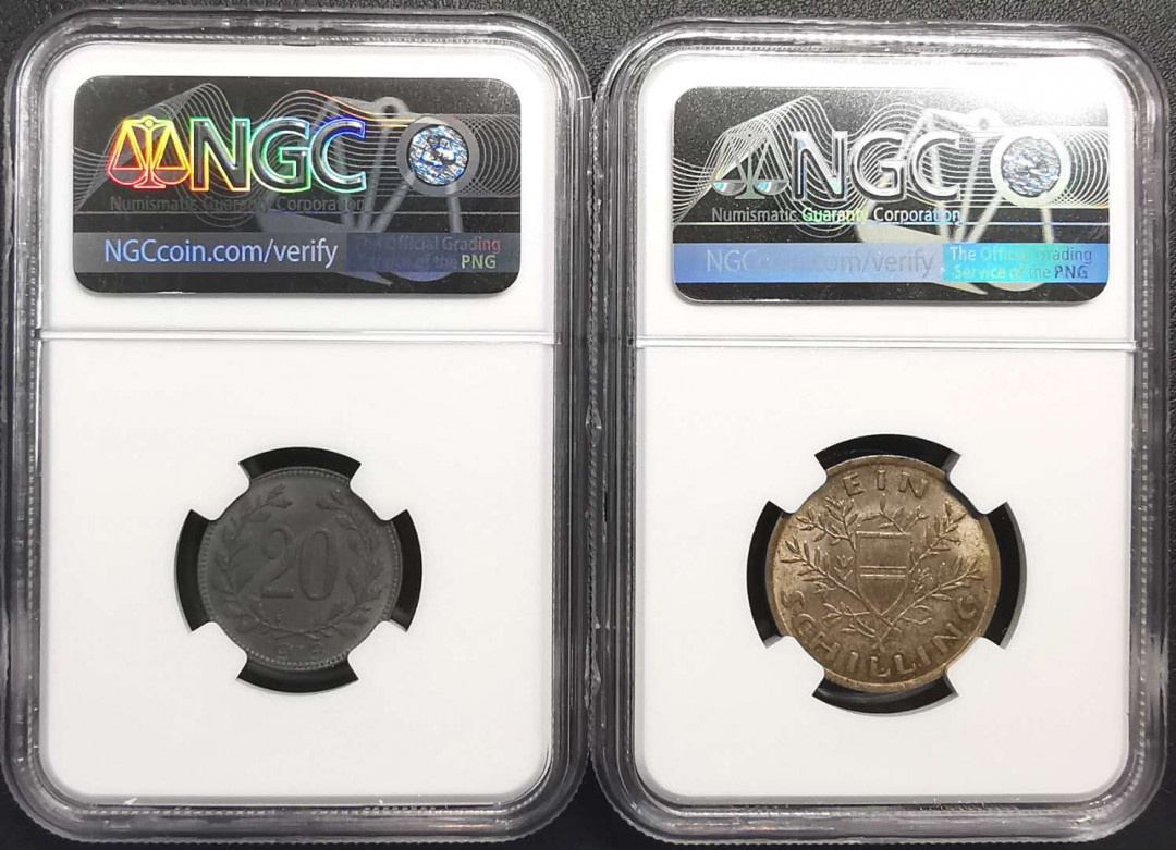 凡希社世界钱币微拍第一百六十八期 奥地利一战后heller先令一对NGC-MS64