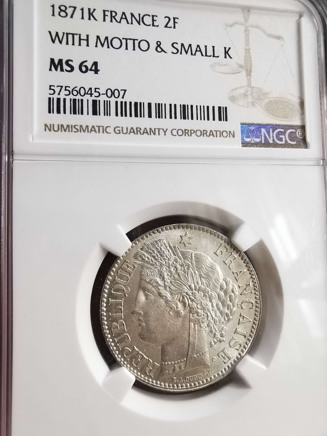 凡希社世界钱币微拍第一百六十八期 1871K法国谷物女神版2法郎NGC-MS64