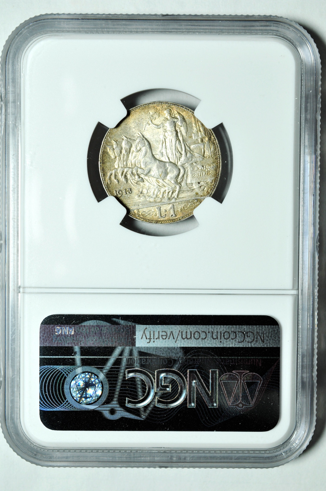 《竞宝斋》钱币微拍-第2场（0佣金包邮） NGC AU58意大利1913年1里拉圈版 银币