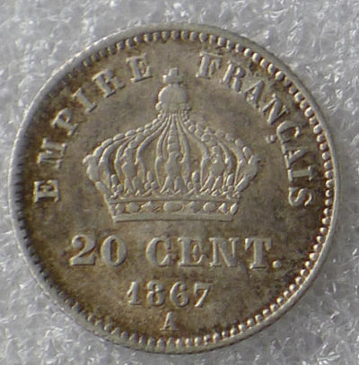 1867年 法国 拿破仑三世 20分 银币 - 1867年 法国 拿破仑三世 20分 银币