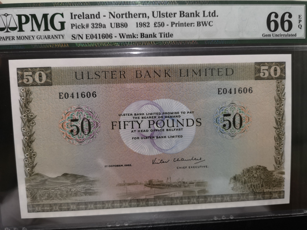 《外钞收藏家》第一百二十四期拍卖 1982年北爱尔兰 50镑 BWC版 pmg66