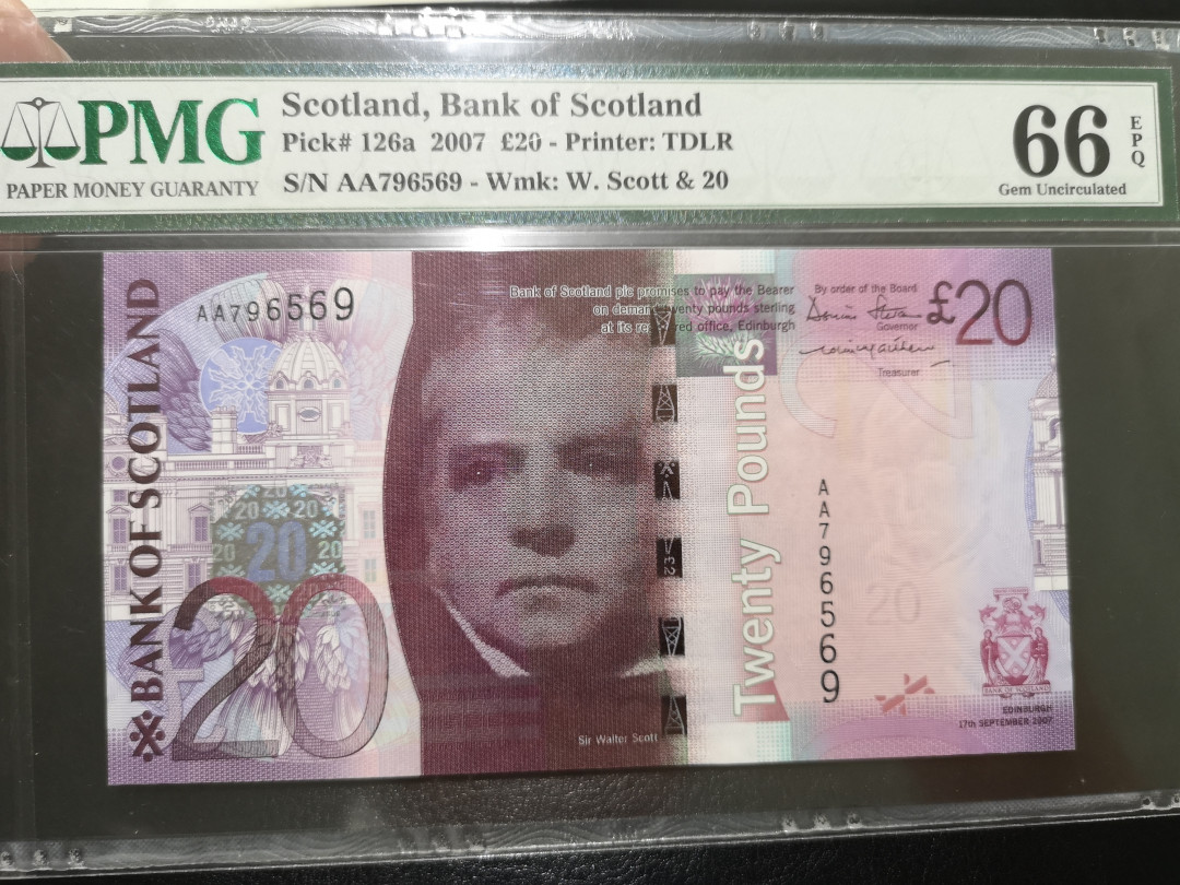 《外钞收藏家》第一百二十四期拍卖 2007年苏格兰AA冠 20镑  pmg66