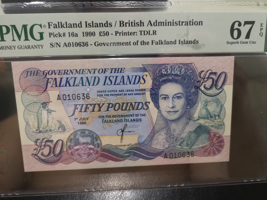 《外钞收藏家》第一百二十四期拍卖 1990年福克兰群岛 A冠50镑 pmg67