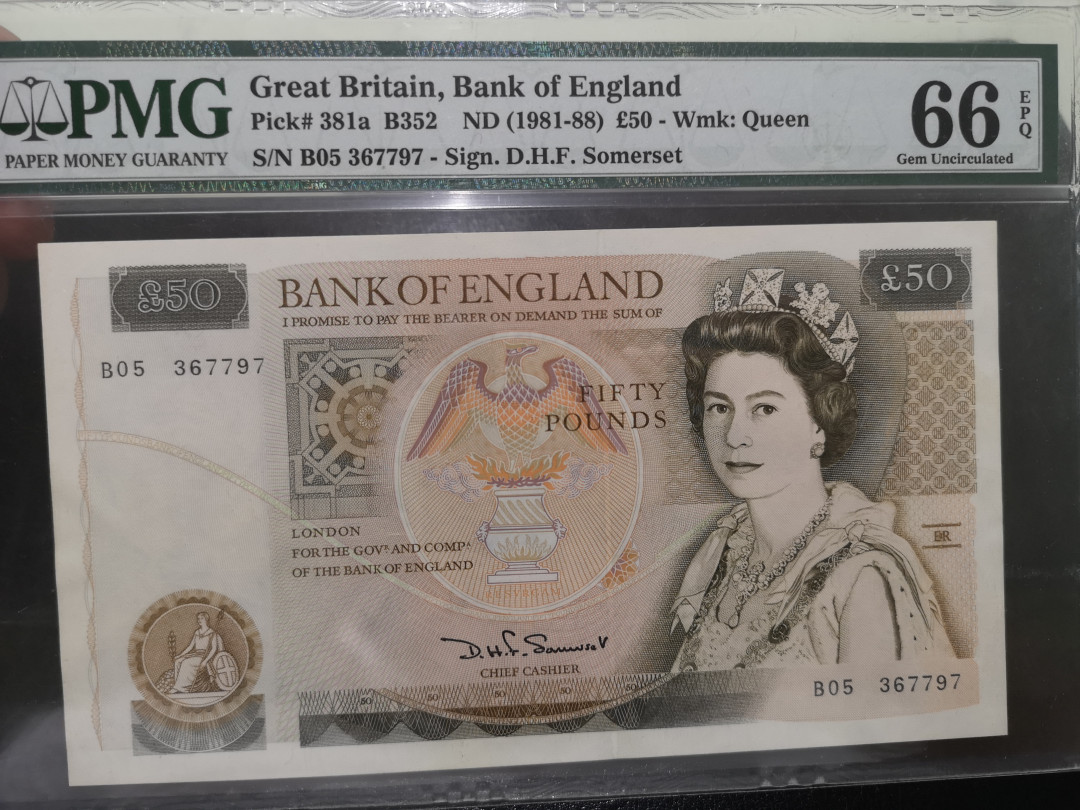 《外钞收藏家》第一百二十四期拍卖 1981-88年英国D序列50镑 pmg66