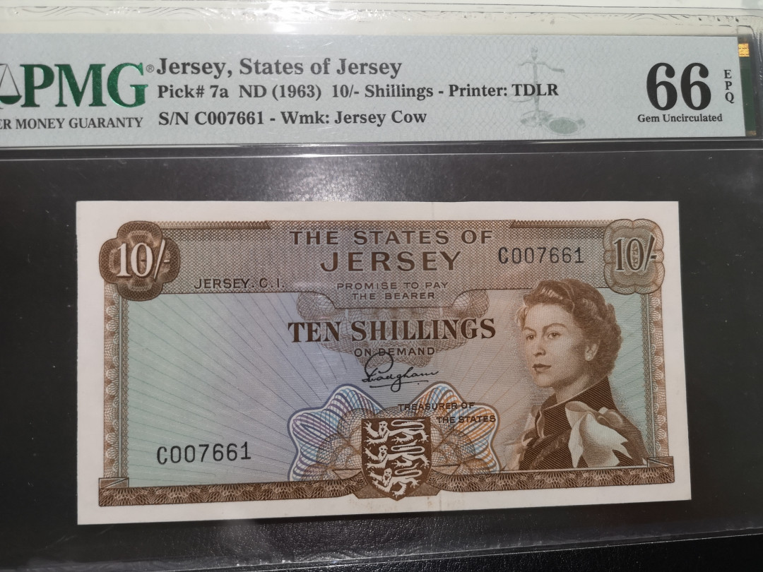 《外钞收藏家》第一百二十四期拍卖 1963年泽西10先令 pmg66 千位号