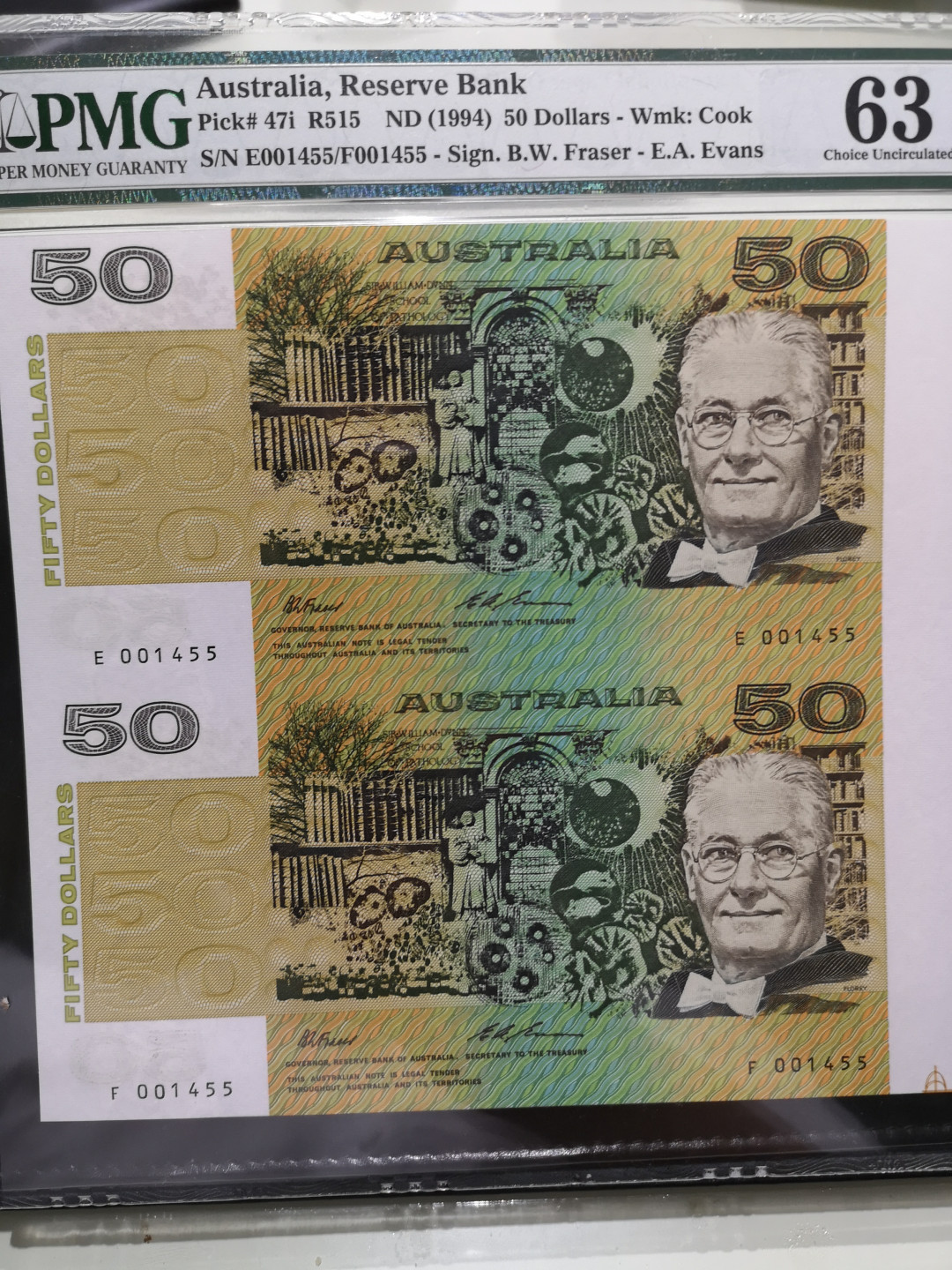 《外钞收藏家》第一百二十四期拍卖 1994年澳大利亚50元 两连体钞 1455号 pmg63E