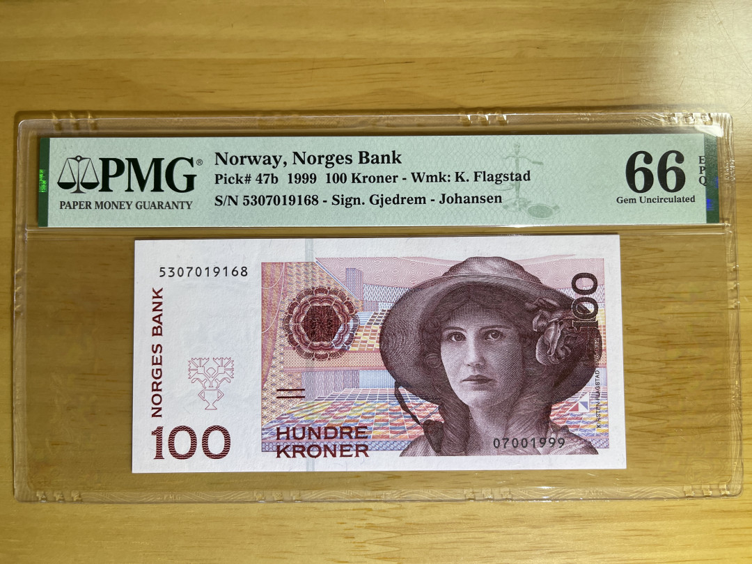 《张总收藏》34期—外币大集 挪威100克朗 PMG66E 1999年初版