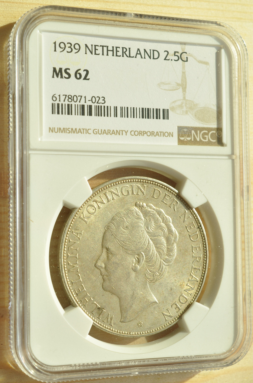《竞宝斋》钱币微拍-第3场（0佣金包邮） NGC MS62 荷兰1939年威廉米娜女王2.5盾 银币 原光