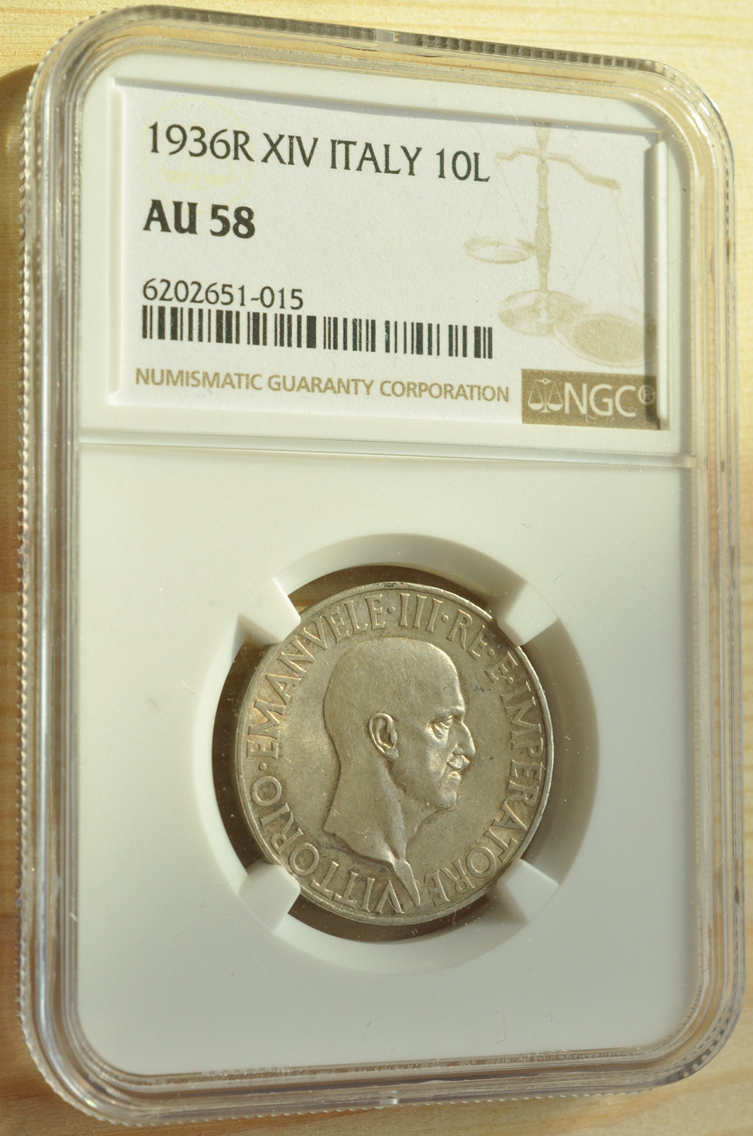 《竞宝斋》钱币微拍-第3场（0佣金包邮） NGC AU58 意大利1936年 10里拉 银币 淡彩