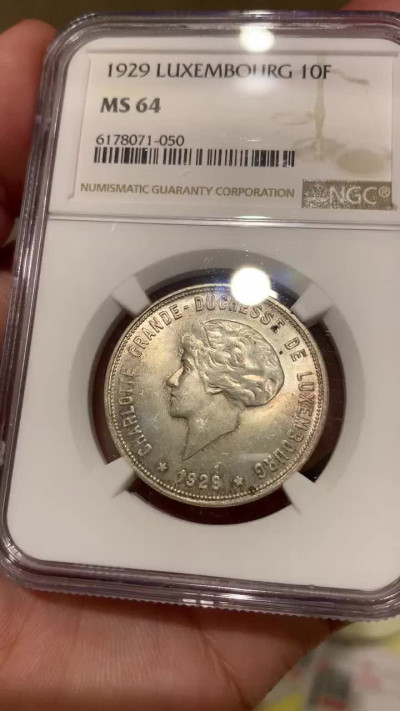 《竞宝斋》钱币微拍-第3场（0佣金包邮） NGC MS64 卢森堡1929年 10法郎 淡彩包浆