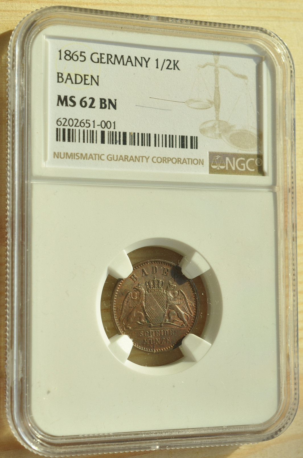 《竞宝斋》钱币微拍-第3场（0佣金包邮） NGC MS62 德国巴登1865年 1/2K铜币 唯一冠军