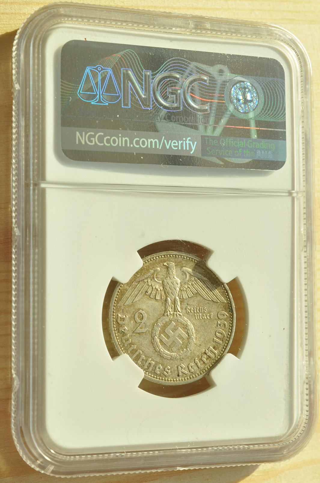 《竞宝斋》钱币微拍-第3场（0佣金包邮） NGC MS63 德国1939A年 2马克 带彩转光