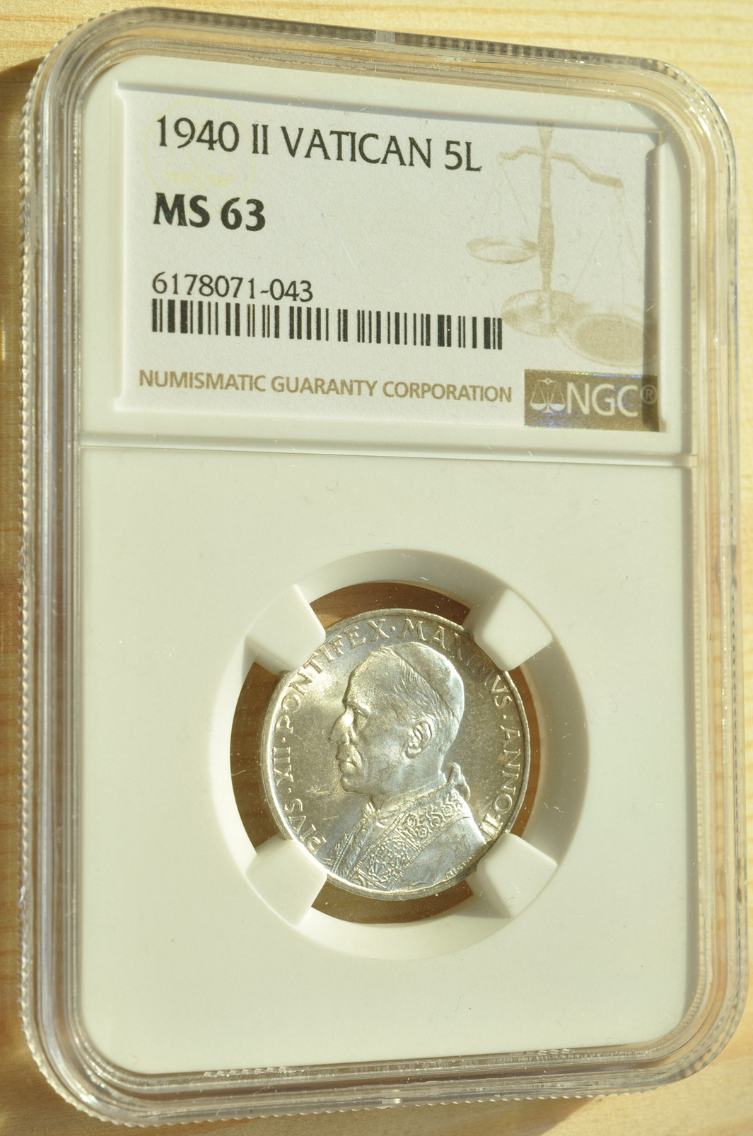 《竞宝斋》钱币微拍-第3场（0佣金包邮） NGC MS63 梵蒂冈 1940年 小船5里拉 银币 原光