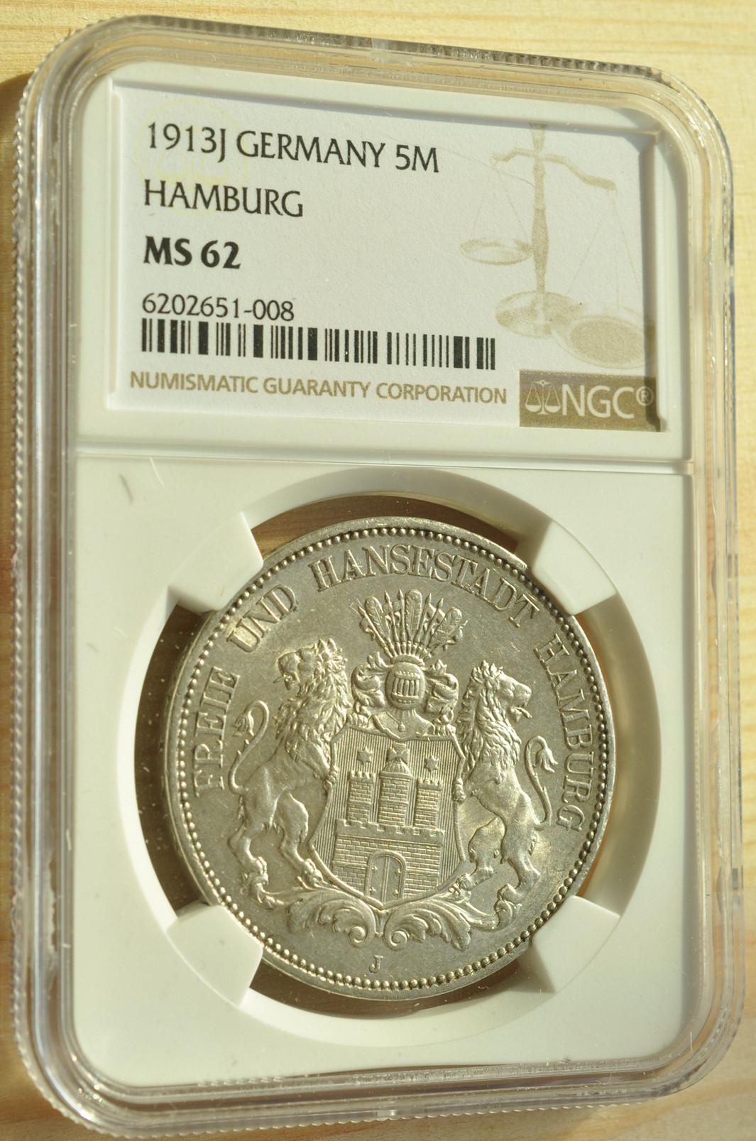 《竞宝斋》钱币微拍-第3场（0佣金包邮） NGC MS62 德国汉堡双狮1913年 5马克原光少见银币