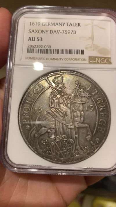 《竞宝斋》钱币微拍-第3场（0佣金包邮） NGC AU53 德国萨克森1619年 骑马大泰勒银币 唯一冠军分