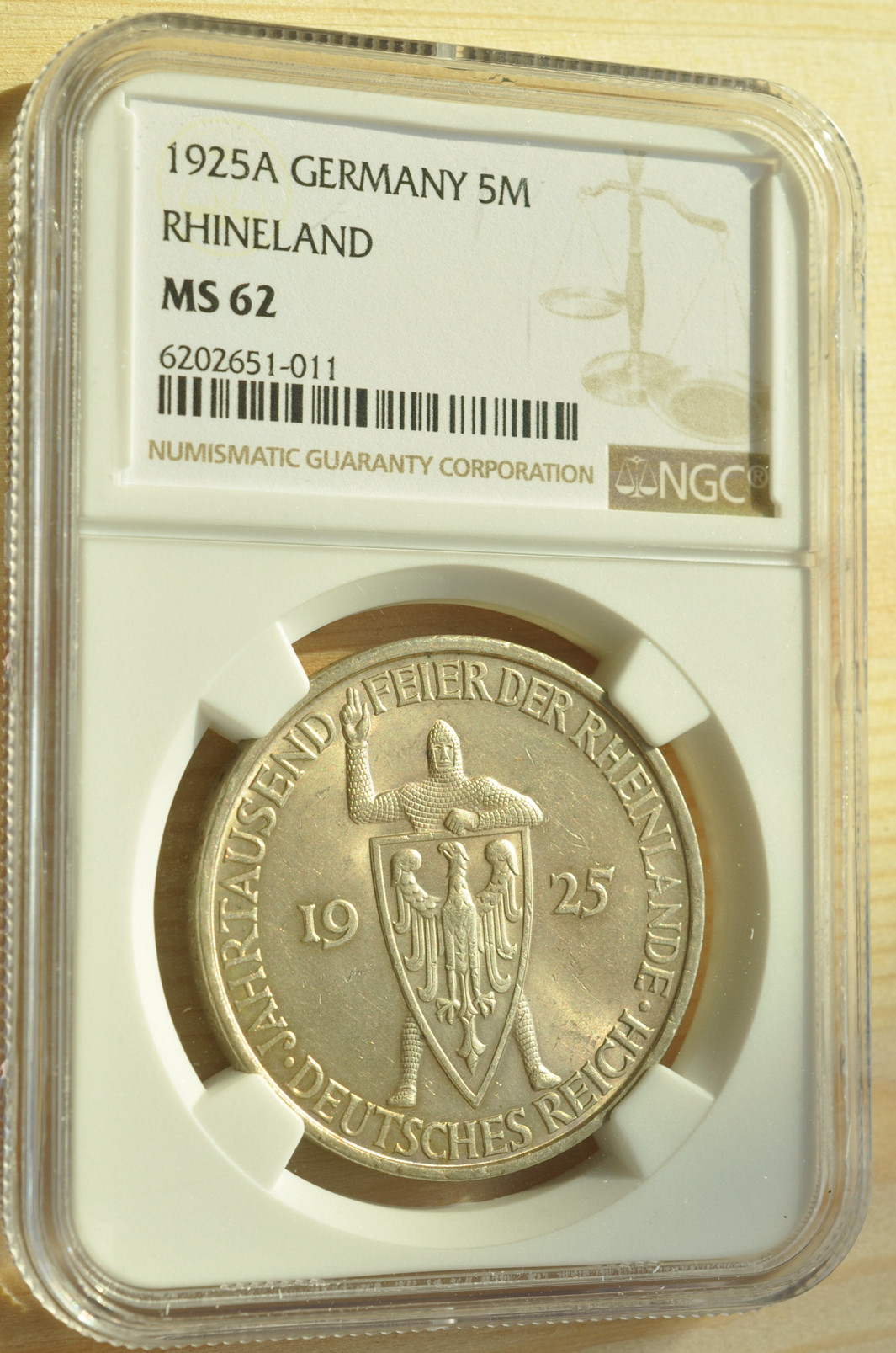 《竞宝斋》钱币微拍-第3场（0佣金包邮） NGC MS62 德国魏玛1925年 5马克银币