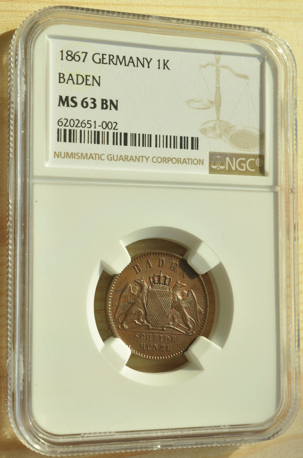 《竞宝斋》钱币微拍-第3场（0佣金包邮） NGC MS63 德国巴登1867年 1K铜币好品难得