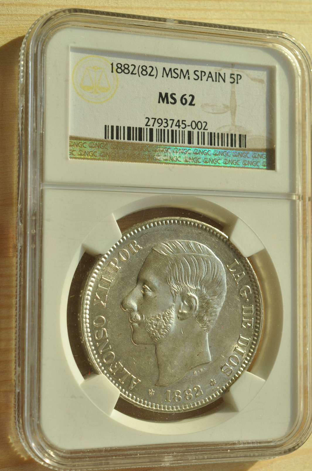 《竞宝斋》钱币微拍-第3场（0佣金包邮） NGC MS62 西班牙1882年 5比萨塔 银币 非常稀少
