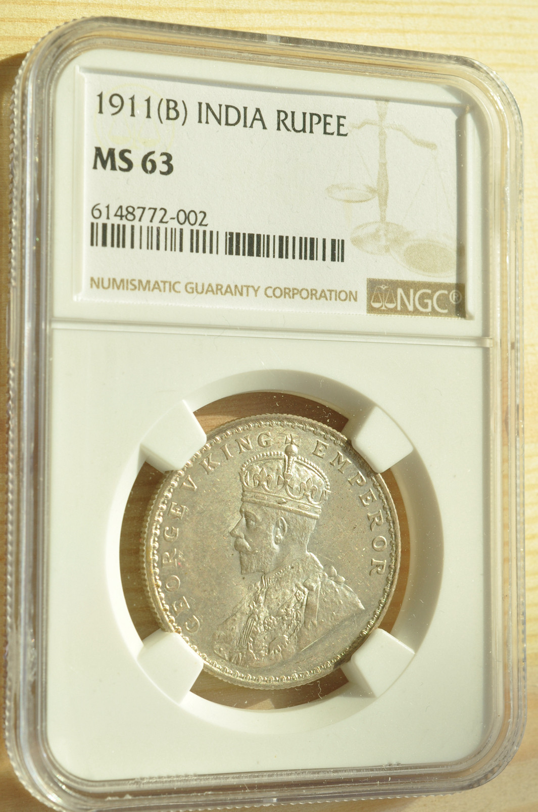 《竞宝斋》钱币微拍-第3场（0佣金包邮） NGC MS63 英属印度 1911年 乔五 猪卢比 银币 非常稀少