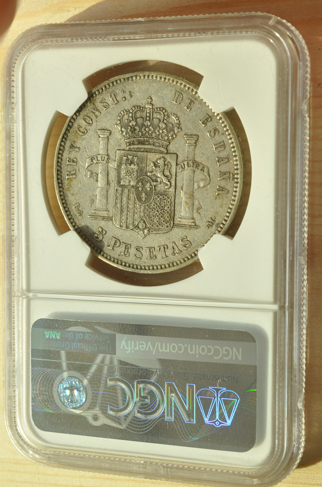 《竞宝斋》钱币微拍-第3场（0佣金包邮） NGC AU53 西班牙1892年 5比塞塔双柱银币