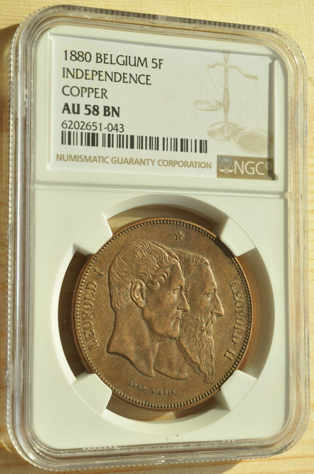 《竞宝斋》钱币微拍-第3场（0佣金包邮） NGC AU58 比利时1880年 狮子美女5法郎 铜样币