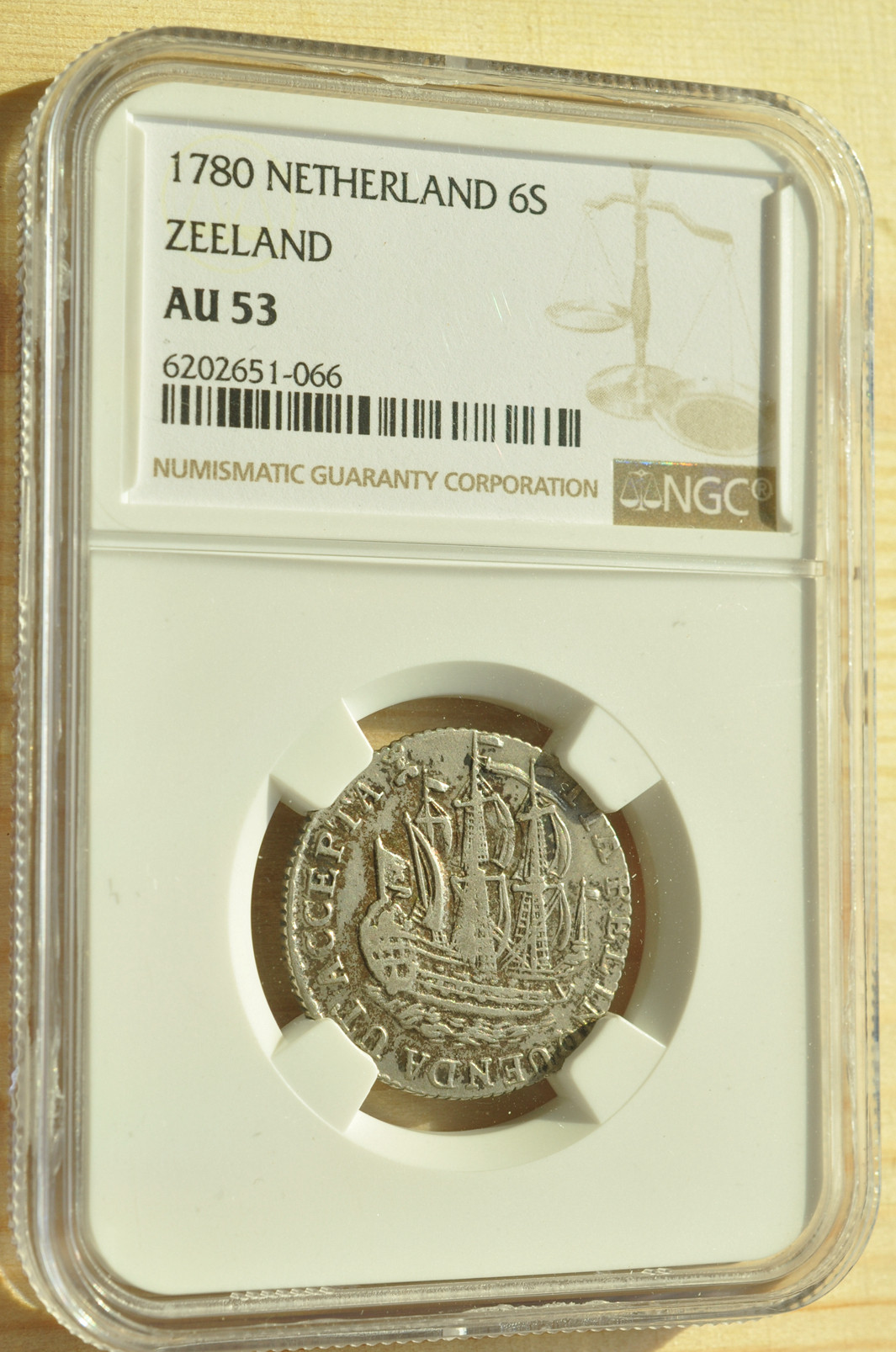 《竞宝斋》钱币微拍-第3场（0佣金包邮） NGC AU53 荷兰1780年 泽兰省 6S 帆船银币