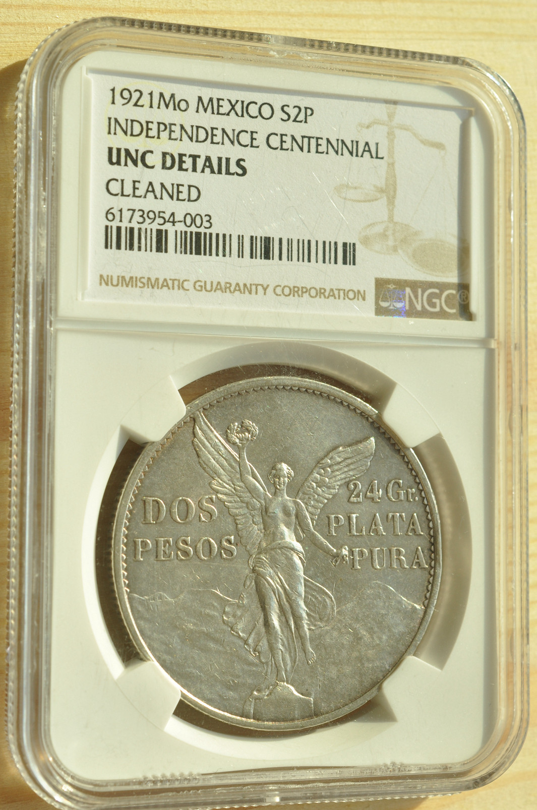《竞宝斋》钱币微拍-第3场（0佣金包邮） 墨西哥1921年天使女神2比索老鹰大银币 (NGC-UNC细节评级)少见品种