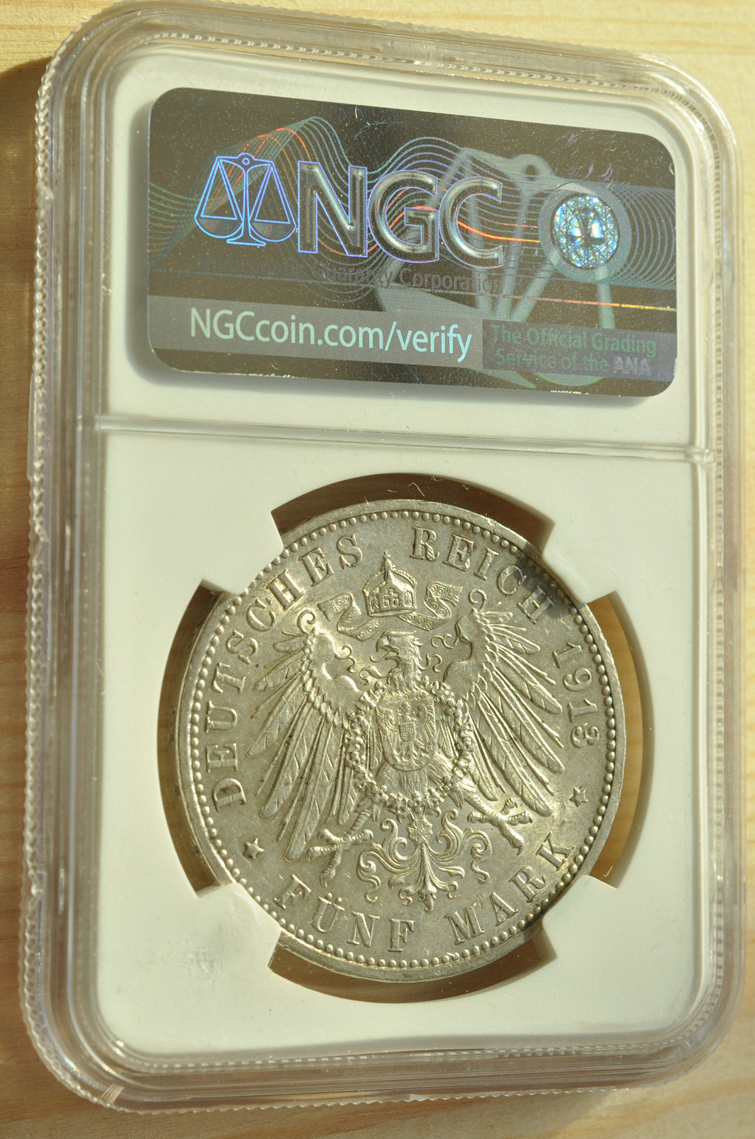 《竞宝斋》钱币微拍-第3场（0佣金包邮） NGC MS62 德国汉堡双狮1913年 5马克原光少见银币