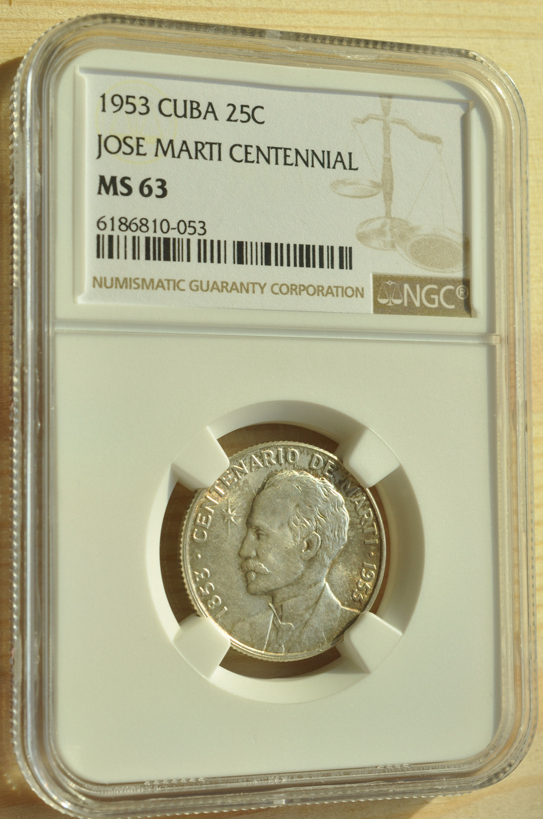 《竞宝斋》钱币微拍-第3场（0佣金包邮） NGC MS63 古巴1953年 何塞马丁 25分 银币 原光