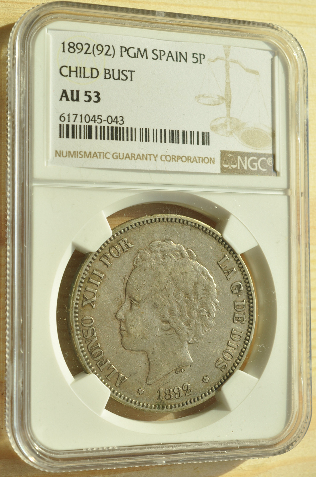 《竞宝斋》钱币微拍-第3场（0佣金包邮） NGC AU53 西班牙1892年 5比塞塔双柱银币