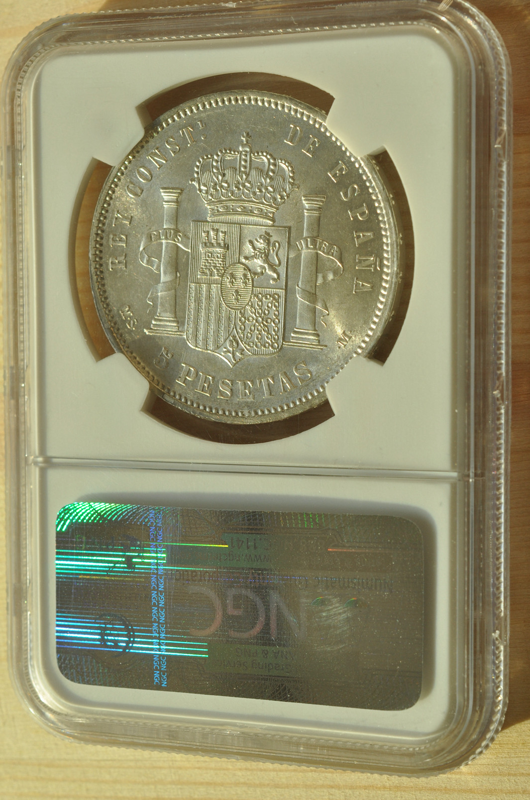 《竞宝斋》钱币微拍-第3场（0佣金包邮） NGC MS62 西班牙1882年 5比萨塔 银币 非常稀少