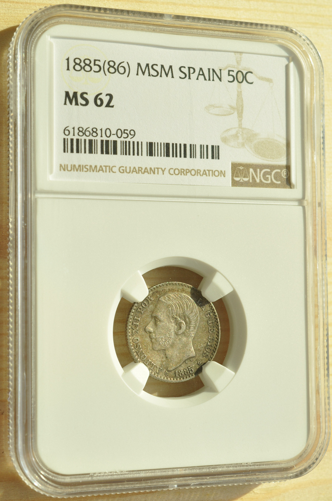 《竞宝斋》钱币微拍-第3场（0佣金包邮） NGC MS62 西班牙1885年 青年头 50分 银币 酱彩