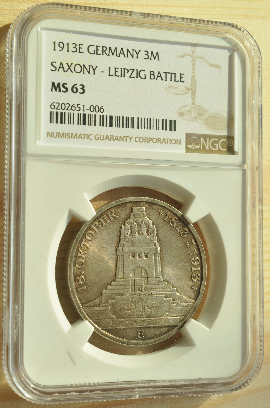 《竞宝斋》钱币微拍-第3场（0佣金包邮） NGC MS63 德国萨克森1913年 建功碑3马克银币