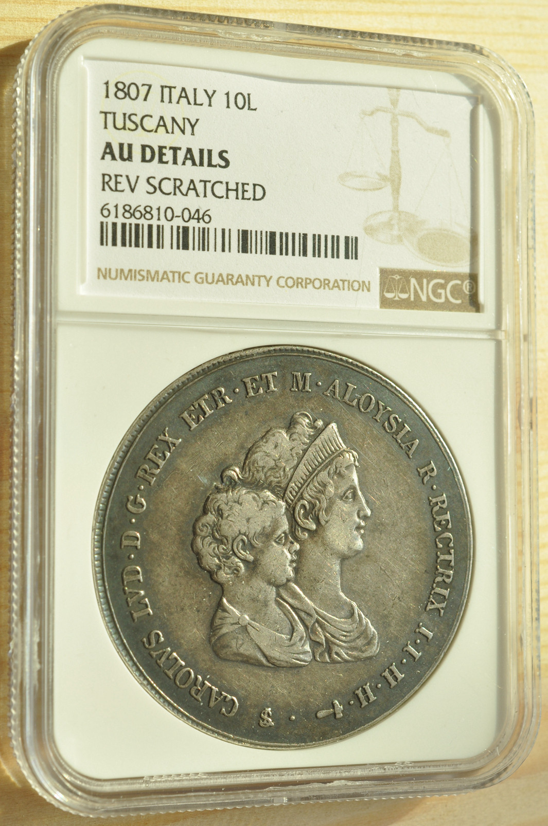 《竞宝斋》钱币微拍-第3场（0佣金包邮） NGC AU 意大利托斯卡纳1807年 双人头10L 黑包浆 大银币