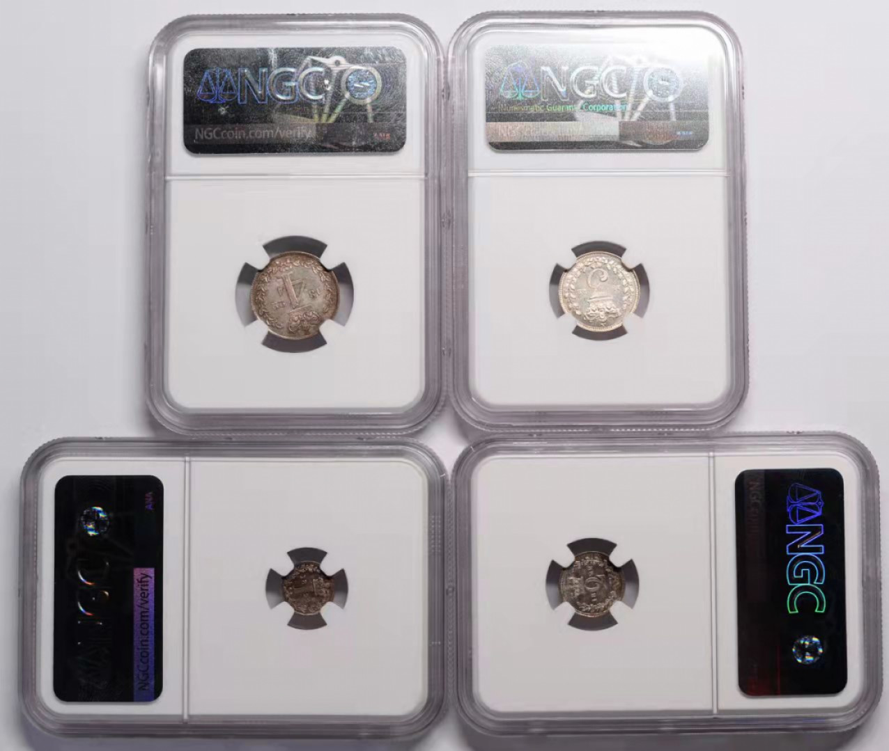 凡希社世界钱币微拍第一百六十九期 稀！1822乔四濯足币四枚NGC-MS64/65/65/66高分盒子连号！