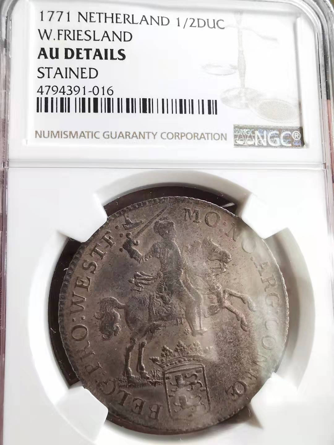 凡希社世界钱币微拍第一百六十九期 1771西弗里斯兰小马剑1/2杜卡特NGC-AUD老包浆！